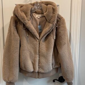 NWT Loft Faux Fur Beige Tan Brown Hooded Jacket SP